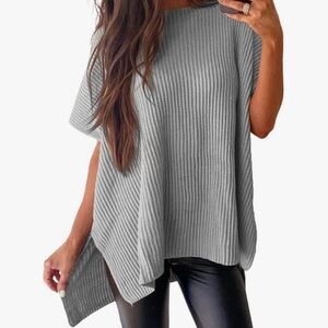 Gray Ribbed Knit Poncho Top